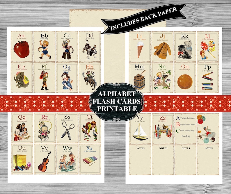 May include: Vintage alphabet flash cards printable. The cards feature illustrations of objects and animals, with the corresponding letter. The cards are arranged on a white background with a red and white polka dot border. The text "ALPHABET FLASH CARDS PRINTABLE" is visible.