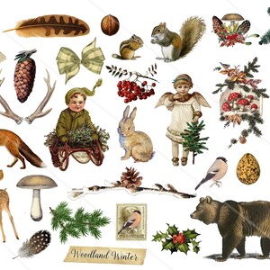 Clip art Noël vintage forêt hiver décoration de Noël images digitales Noël, images pour la création de carte scrapbooking