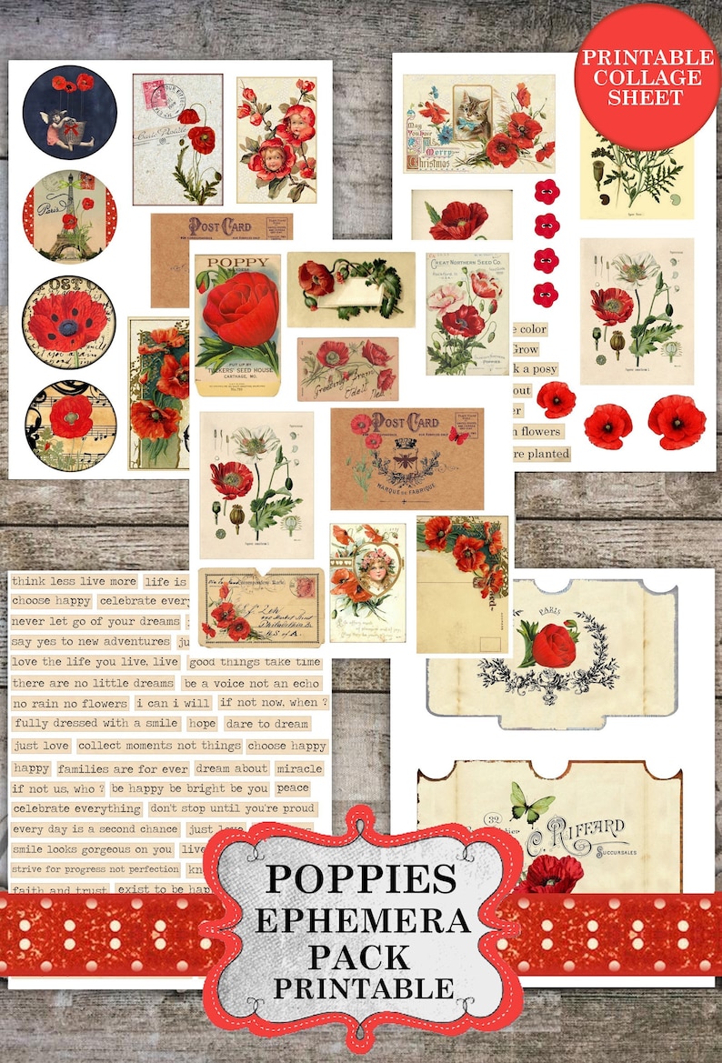 Vintage Poppy Junk Journal Ephemera Kit - Printable Poppy Wildflowers ...