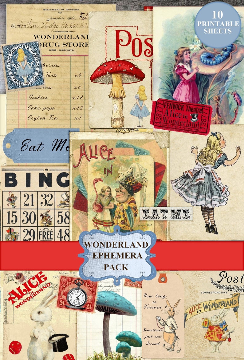 Printable Alice in Wonderland Junk Journal Clip Art Journal Kit Download, Digital Wonderland Scrapbook Collage Sheet Alice Clip Art Ephemera image 1