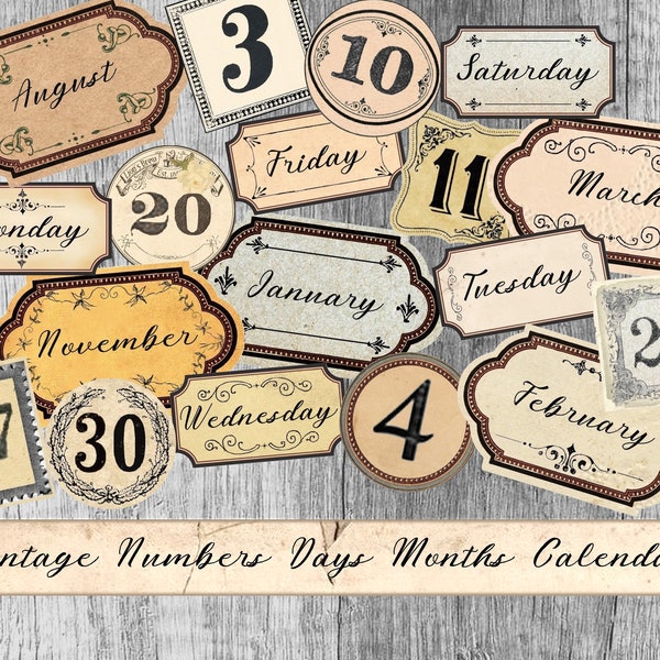 Vintage Calendar Numbers Labels, Days and Months tags for Junk Journal,  grunge numbers labels, Numbers Embellishment, Numbers Ephemera