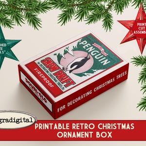 Printable Retro Christmas Ornament Box for gifts DIY vintage box template Vintage shiny Brite box  penguin printable Christmas collage sheet
