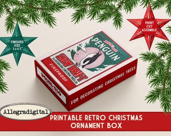 Printable Retro Christmas Ornament Box for gifts DIY vintage box template Vintage shiny Brite box  penguin printable Christmas collage sheet