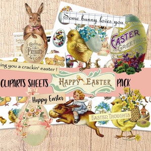 Vintage Easter Clipart – Bunnies, Eggs and Chicks (Printable PNG and JPG, Fussy Cut and Cricut Ready)
