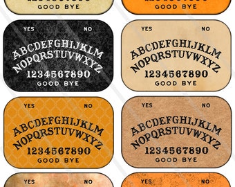 May include: Set of eight printable ouija board designs. Each board features a different background pattern in orange, brown, and black. The boards include the letters A-Z, numbers 0-9, and the words "YES", "NO", and "GOOD BYE".