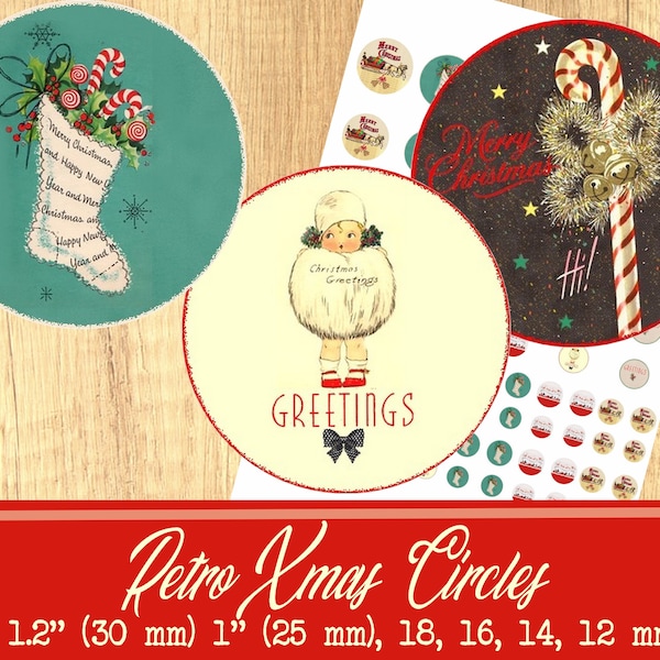 Digital collage sheet Christmas circles, Christmas printable,  Christmas round, printable images Christmas one inch circle retro xmas