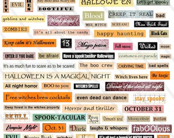Hoja de collage digital de Halloween, retro, vintage, scrapbooking, palabra de arte digital para recortar HALLOWEEN