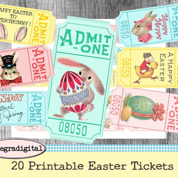 Retro Easter Tickets, Printable, Ephemera, Junk Journal, Spring Collage Sheet, Digi Kit, Vintage Ticket, Embellishment, Scrapbook, Download