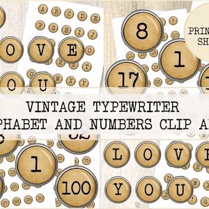 Vintage typewriter Alphabet and numbers clipart digital collage sheet 1 inch circles ABC instant download paper fonts junk journal paper