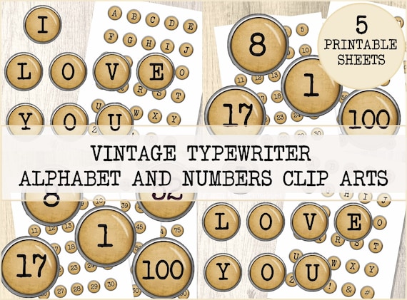 Vintage typewriter Alphabet and numbers clipart digital collage sheet 1 inch circles ABC instant download paper fonts junk journal paper