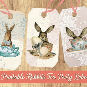 9 Printable Vintage Bunny Easter Tags – Shabby Chic Ephemera, Bunnies in Tea Cups, Digital Collage & Label Tags Allegradigital