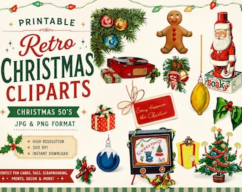 May include: A collection of retro Christmas-themed digital illustrations including a gingerbread man, a vintage Santa bottle, a record player, gift boxes, ornaments, a television set with G-R-EETINGS text, and a decorated Christmas tree.
