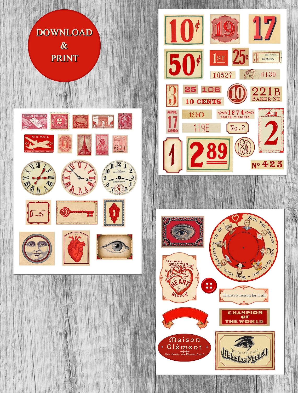 Red Ephemera Pack Instant Download, Printable, Digital Collage Diary ...