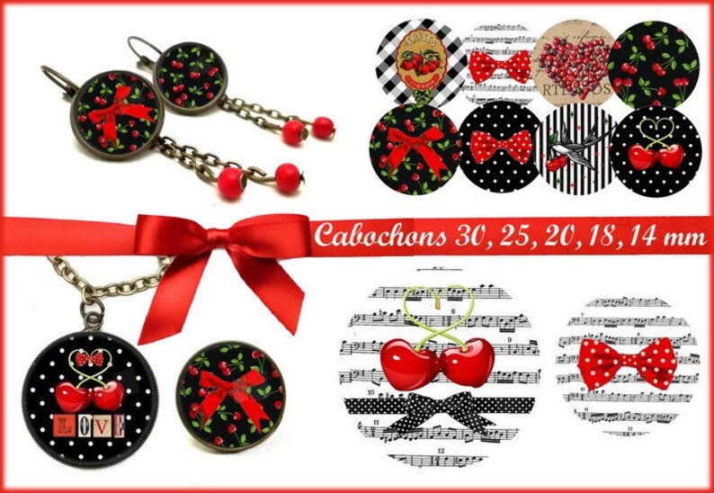 May include: A set of cherry-themed jewelry and cabochons. The set includes a necklace, earrings, and a variety of cabochons in different sizes. The cabochons feature cherries, bows, and musical notes. The cabochons are available in sizes 30, 25, 20, 18, and 14 mm.