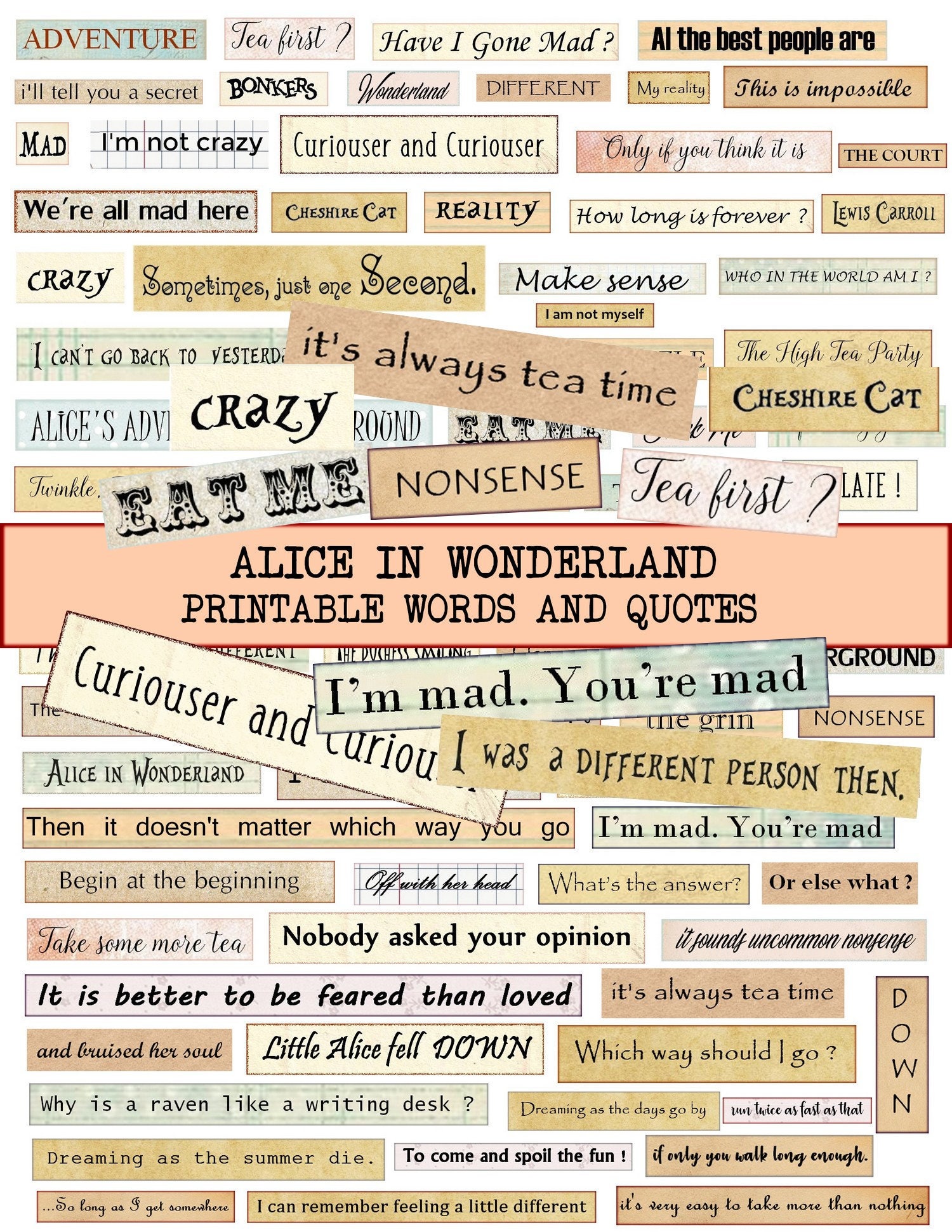 Alice in Wonderland Quotes Printable - Digital Collage Sheet -Inspirational Phrases PNG JPG - Junk Journal Word Ephemera