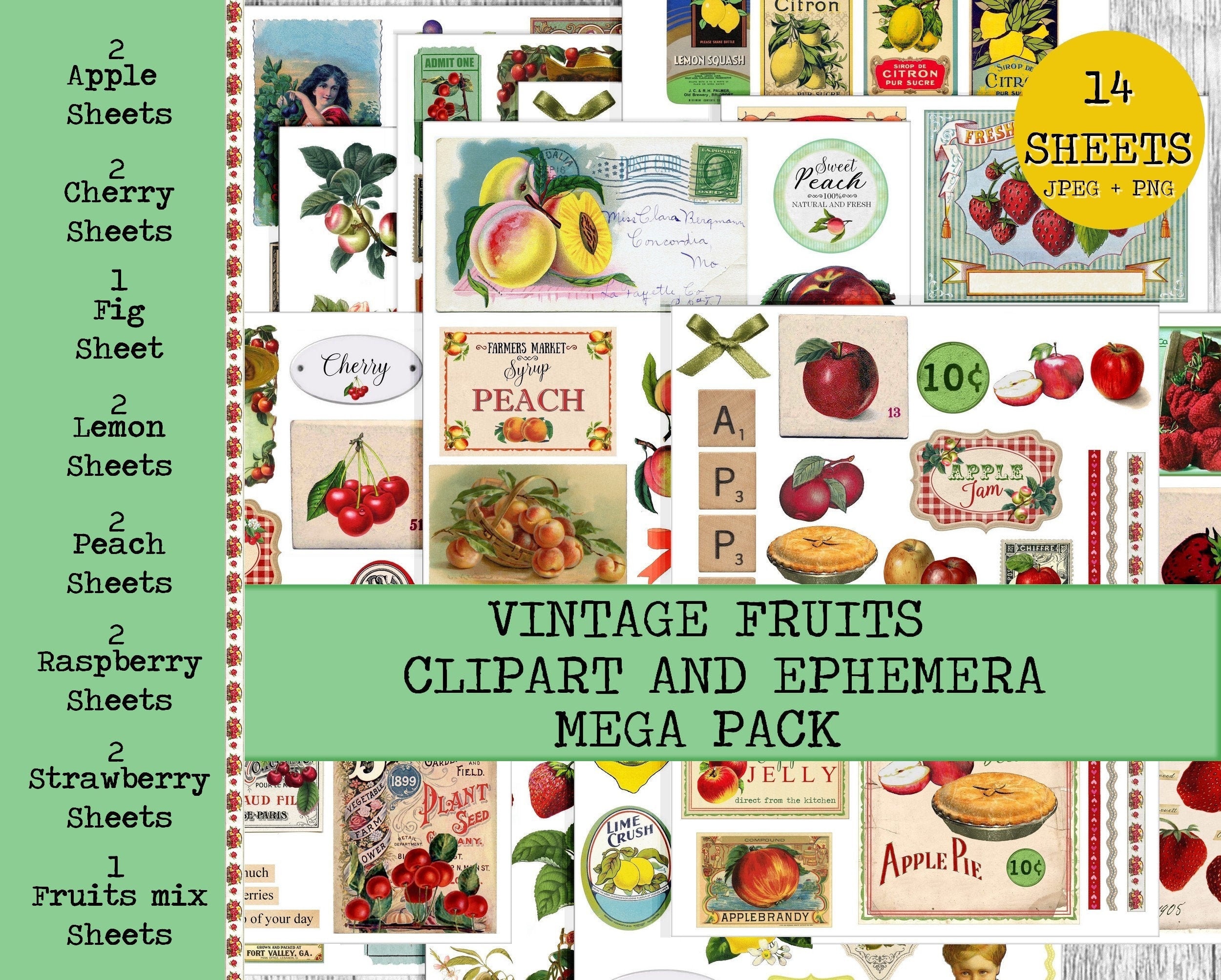 Vintage Fruits Garden Cliparts-bundel – Afdrukbare ephemera voor junk journals en knutsels, Allegradigital