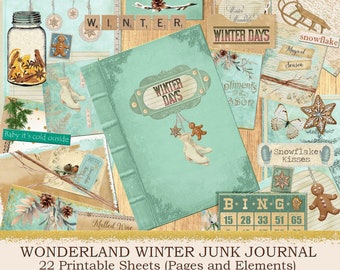 Winter Journal Kit, vintage Holiday Junk Journal, Instant Download, Retro christmas Printable Journal DIY digital collage sheet