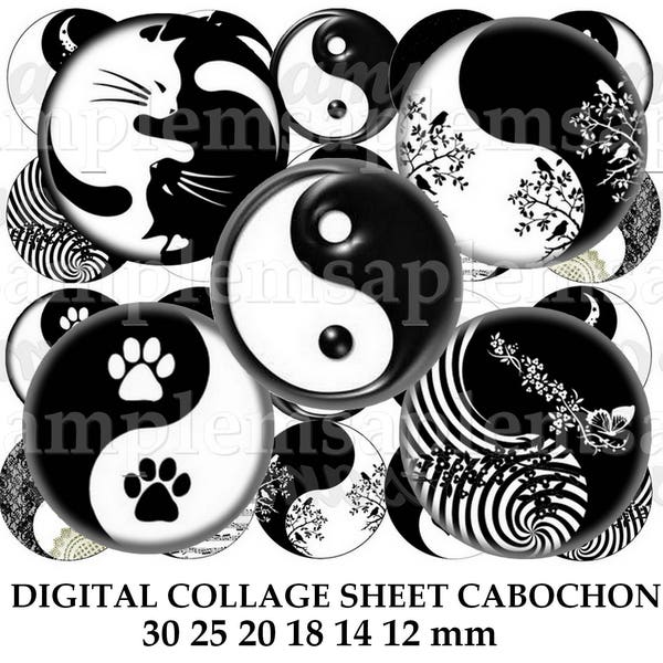 Images digitales cabochon Yin Yang noir blanc , cabochon yin yang collage digital, image numérique, image pour bijoux,cabochon vorlagen