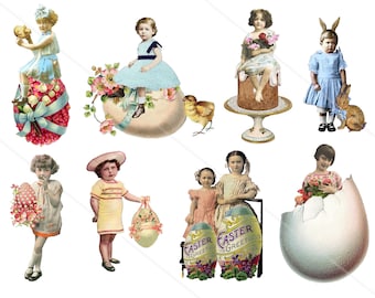 Vintage Easter Clip Art – Kids, Easter Eggs and Bunnies (Printable PNG & JPG), Allegradigital