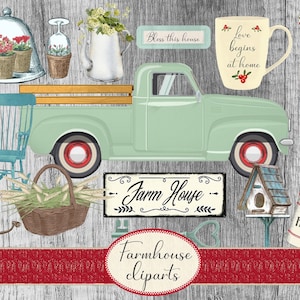 Vintage Farmhouse Decor Clipart, Digital Collage Sheets, Country Rustic Retro Printable Clipart for Kitchen and Gardening Projects