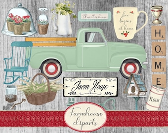 Vintage Farmhouse Decor Clipart - Digital Collage Sheets, Country and Rustic Retro Printable Clipart for Kitchen & Gardening Projects