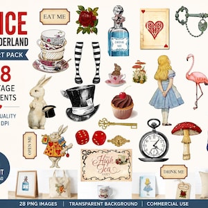 Alice in Wonderland clipart, digitale afbeeldingen, digitale collage voor scrapbooking, kaarten, PNG, JPEG, journaling, Cricut