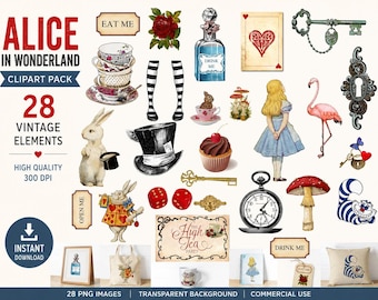 Alice im Wunderland Cliparts, digitale Bilder, digitale Collagen für Scrapbooking-Karten (PNG, JPEG), Journaling-Bereiche, Cricut