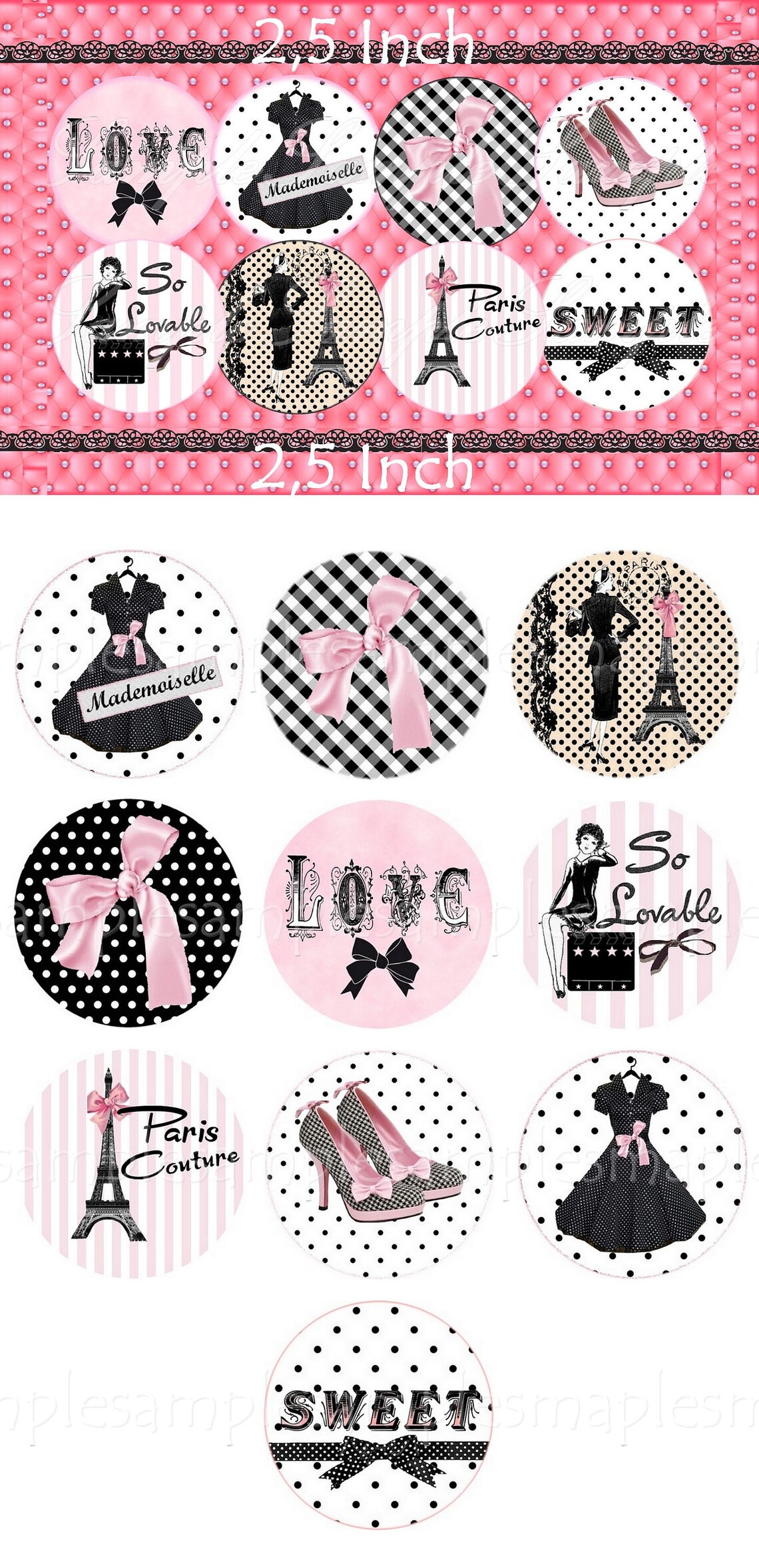 Paris Eiffel Digital Collage Sheet Circles 2,5 Inch Pocket Mirror ...