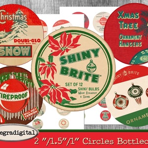 Retro Christmas bottlecaps Printable Christmas Tree Ornaments shiny Brite 2 inch cirles 1.5 inch circles 1 inch circles INSTANT DOWNLOAD