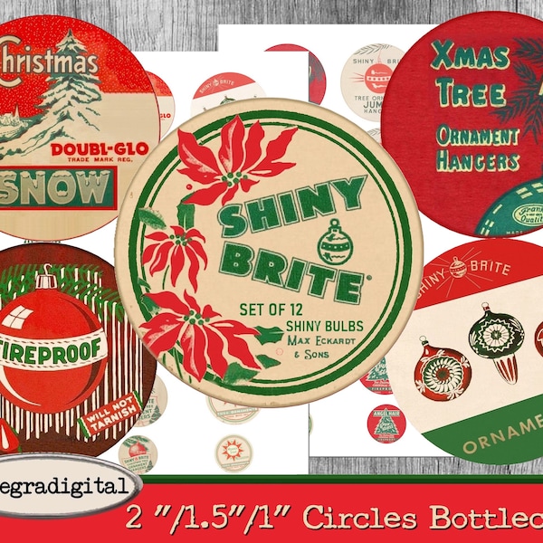 Retro Christmas bottlecaps Printable Christmas Tree Ornaments shiny Brite 2 inch cirles 1.5 inch circles 1 inch circles INSTANT DOWNLOAD