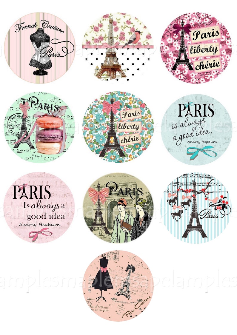 May include: Nine round pink, blue, and green paper circles with images of the Eiffel Tower, a fashion model, and a quote by Audrey Hepburn. The text on the circles reads "French Couture Paris", "Paris liberty ch&eacute;rie", "Paris is always a good idea. Audrey Hepburn", and "Paris is always a good idea. Audrey Hepburn".
