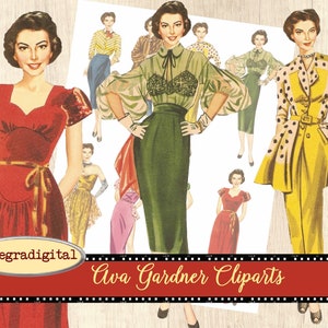 Retro Clipart vintage Ava Gardner, images digitales pour la création de carte, scrapbooking, junk journal journaling spot Allegradigital