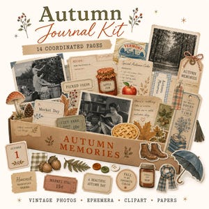 Peut inclure: Un kit de journal d'automne comprenant 14 pages coordonnées, des photos vintage, des éphémères et des cliparts. La collection présente des découpes en papier de champignons, glands, bottes, écharpe, parapluie et des fiches recettes.