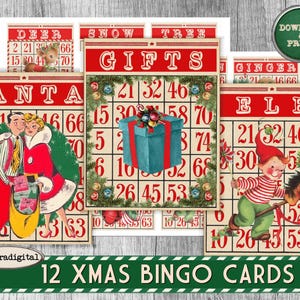 Könnte beinhalten: Zwölf Weihnachts-Bingo-Karten mit Illustrationen von Weihnachtsmann, einem Rentier, einem Schneebaum, einem Geschenk, einem Elf und einem Lebkuchenmann. Jede Karte hat ein 5x5-Raster mit den Zahlen 1-75.