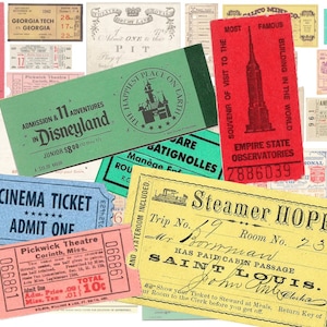 Digitale Bilder Tickets Clipart Vintage Kinokarten Zirkuskarten Tombola Scrapbooking Journaling Junk Journal