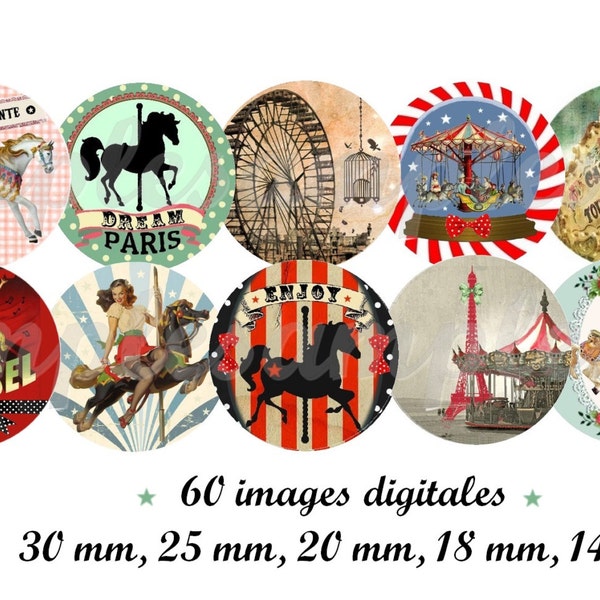 images digitales rétro "Carrousel", collage digital, cabochon, médaillon, manège, cheval, fête foraine, cirque, vintage