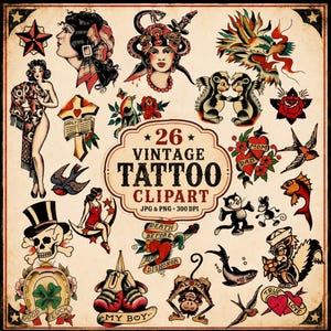Vintage Tattoo Clipart PNG JPG, Old School Tattoo Flash, Retro Tattoo Designs, Junk Journal, Scrapbooking, Stickers, Instant Download