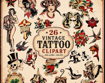 Vintage Tattoo Clipart PNG JPG, Old School Tattoo Flash, Retro Tattoo Designs, Junk Journal, Scrapbooking, Stickers, Instant Download