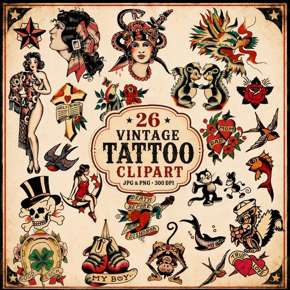 Cliparts Tatouage Vintage Rétro PNG JPG – Flash Tattoo Ancien – Scrapbooking, Junk Journal, Stickers, Découpage, Téléchargement Instantané