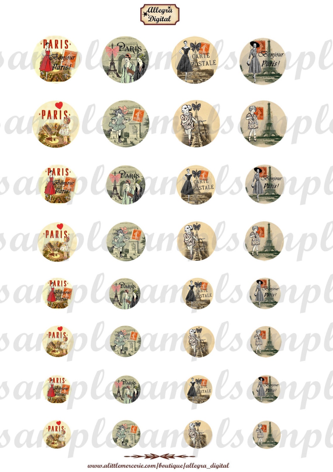 Digital Collage Sheet Circles 1 Inch Rtro Paris Vintage Tour Eiffel ...