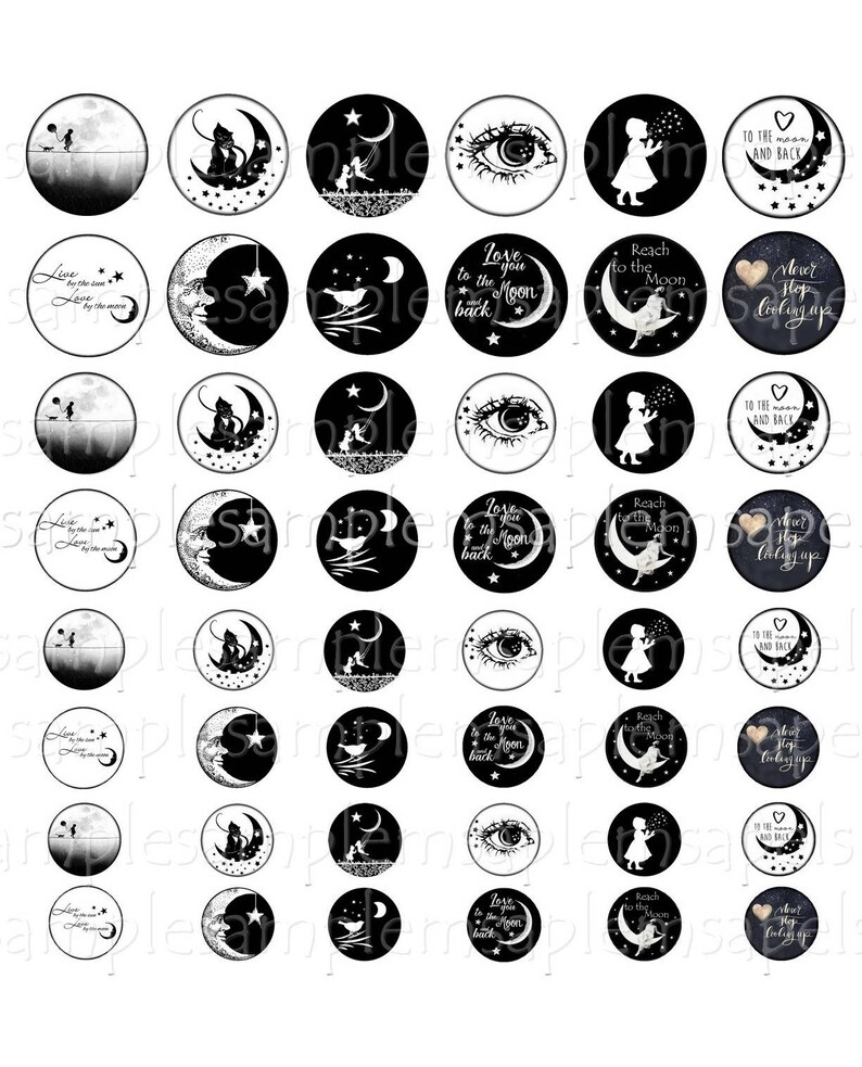 Digital Collage Sheet 1 Inch Moon Stars Circles Printable - Etsy