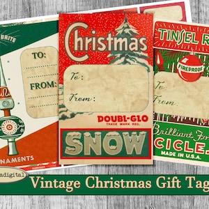Etiquetas de árbol de Navidad retro, etiquetas de regalo imprimibles, etiquetas colgantes, diario, etiquetas de adorno de árbol de Navidad vintage, hoja de collage digital