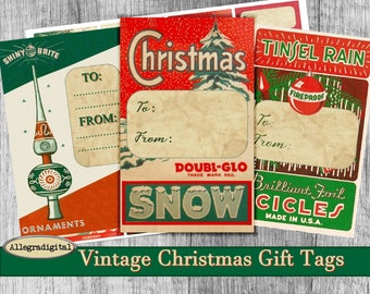 Retro Christmas tree Tags printable gift tags hang tags journaling journal Vintage christmas tree Ornament tags digital collage sheet