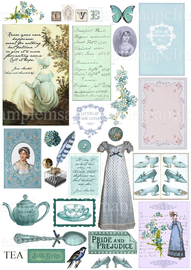 Digital Collage Sheet Jane Austen Pride and Prejudice Jane Eyre Images Blue Instant Download, PNG Included Ephemera scrapbooking journaling image 1