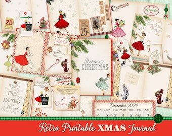 Puede incluir: Un diario de Navidad imprimible con un diseño retro. El diario presenta imágenes de mujeres con ropa vintage, árboles de Navidad y otras decoraciones festivas. El texto "Retro Printable XMAS Journal" está impreso en la parte inferior de la página.