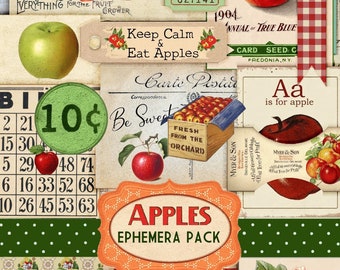 May include: A digital collage of vintage images featuring apples. The collage includes images of red apples, green apples, a box of apples, and a sign that says "Keep Calm & Eat Apples". There is also a sign that says "Apples Ephemera Pack".