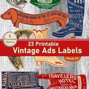 Vintage-Anzeigen Ephemera druckbare alte Etiketten Werbung digitales Collageblatt Junk Journal digitales antikes Papier kommerzielle Karten