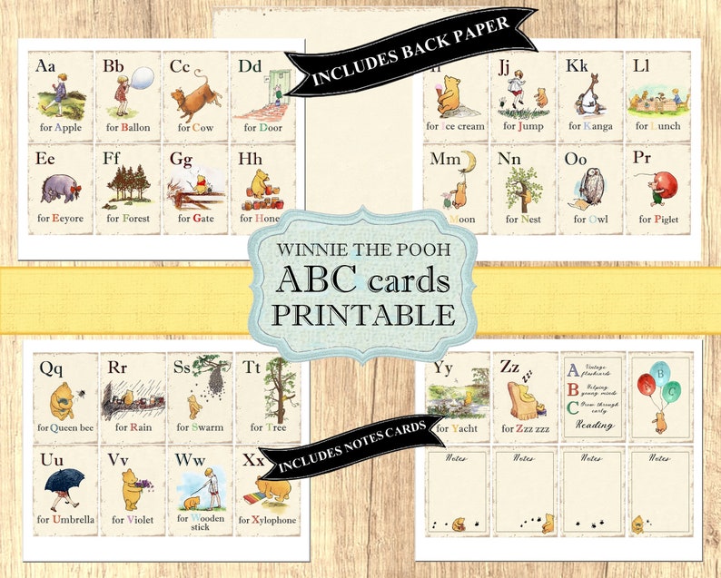 Op de afbeelding: Winnie de Poeh ABC-kaarten om uit te printen met illustraties van Winnie de Poeh en zijn vrienden. Elke kaart heeft een letter van het alfabet en een bijbehorend woord. De kaarten zijn ontworpen om kinderen te helpen het alfabet te leren en hun woordenschat te vergroten.