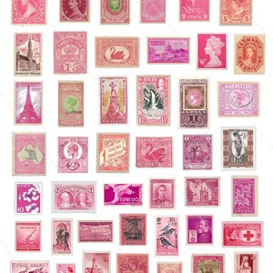 Sellos postales PINK vintage, adornos efímeros de sellos postales antiguos imprimibles, sellos falsos para Junk Journal, hoja de collage digital