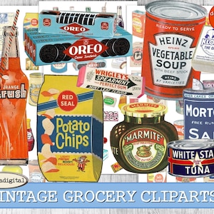 Retro Food Grocery Clipart & Collage Sheets PNG Digital Download Illustrations for Wall Art, Decoupage, Invitations, Crafts, Scrapbooking